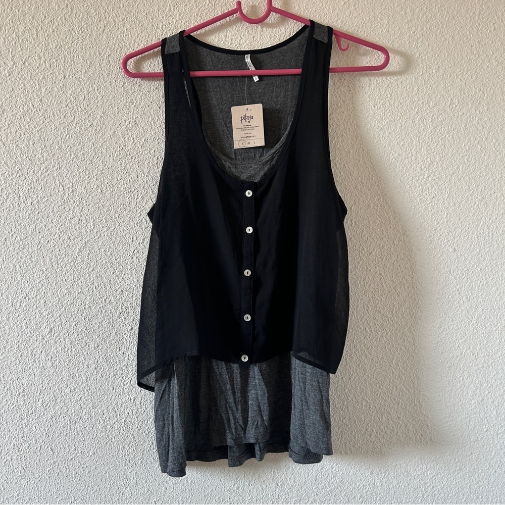 Pitaya Mixed Media Layer Tank Top Women’s Small NWT black Gray pullover Stretch
